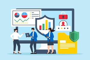 Flat illustration of team of analysts discussing data privacy with cybersecurity charts vector