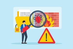 Flat illustration of analyst scanning for threats on virtual screen full of firewalls and encrypted data vector