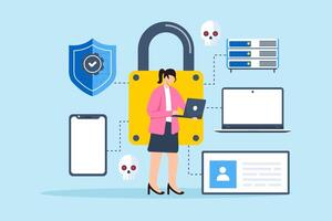Flat illustration of woman implementing endpoint security solutions to protect devices from malware and cyber attacks vector