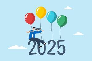 Flat illustration of businessman flies with 2025 balloons using telescope to aim for future success vector