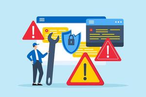 Flat illustration of it professional fixing data breach alert on virtual interface with critical errors vector