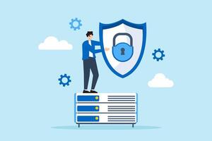 Flat illustration of it specialist holding shield over network server to represent data protection vector