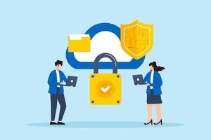 Flat illustration of two people configuring secure cloud storage to ensure data integrity and prevent unauthorized access to online files vector