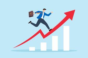 Flat illustration of businessman leaps forward over rising growth graph symbolizing business transformation vector