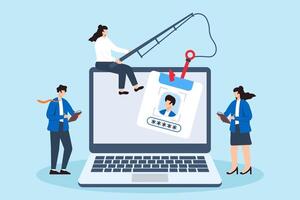 Flat illustration of woman conducting phishing simulation to train employees on recognizing cyber threats and social engineering attacks vector