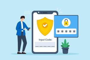 Flat illustration of user activating two-factor authentication on smartphone with verification code input vector