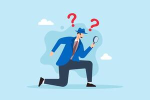 Flat illustration of businessman detective looks through magnifying glass with question marks searching for facts and solutions vector