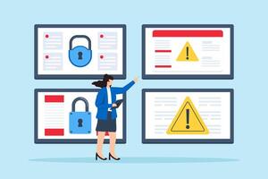 Flat illustration of cybersecurity analyst monitoring multiple screens with encrypted data and threat alerts vector