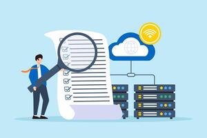 Flat illustration of system administrator performing security audit on corporate network infrastructure vector