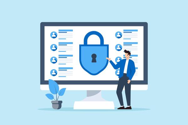 Flat illustration of person monitoring large screen of data streams while preventing data leaks using advanced cybersecurity algorithms