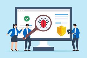 Flat illustration of three people analyzing computer for malware detection with antivirus software vector