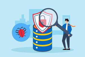 Flat illustration of cybersecurity engineer conducting penetration testing on company database vector