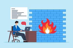 Flat illustration of hacker typing code on laptop with cybersecurity firewall vector
