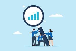 Flat illustration of business people hold magnifying glasses analyzing data charts for marketing optimization vector