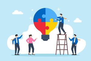 Flat illustration of business people collaborate to build lightbulb ideas representing teamwork for company success vector