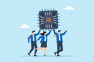 Flat illustration of business people carry AI processing chip embracing artificial intelligence for work success vector