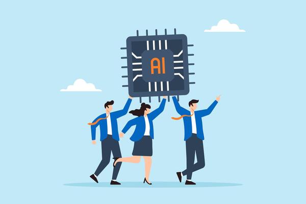 Flat illustration of business people carry AI processing chip embracing artificial intelligence for work success