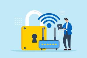 Flat illustration of man setting up secure wi-fi network with strong password to prevent unauthorized access vector