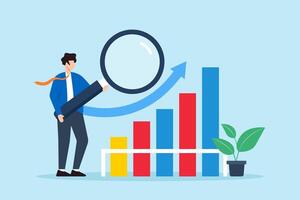 Flat illustration of businessman magnifies benchmark metric graph evaluating key performance indicators vector