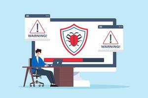 Flat illustration of technician installing anti-malware software on computer with virus scan in progress vector