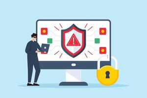 Flat illustration of hacker attempting breach while security system blocks access with red alert vector
