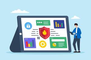 Flat illustration of security consultant holding tablet displaying network protection dashboard vector