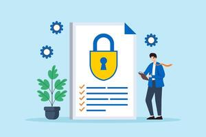 Flat illustration of man reviewing security policies and protocols to ensure compliance with industry standards vector