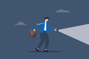Flat illustration of businessman holds flashlight for guidance symbolizing mentorship and direction towards success vector