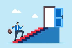 Flat illustration of businessman walks up staircase towards an open door symbolizing a new career opportunity. vector