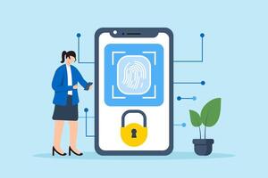 Flat illustration of woman using biometric authentication methods fingerprint scanning to enhance security measures vector