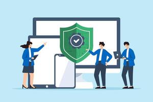 Flat illustration of group of it professionals installing antivirus software on multiple devices to protect from malware with cybersecurity best practices vector