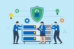 Flat illustration of three people building secure network around server to prevent cyberattacks with encryption and cybersecurity protocols vector