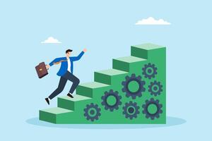 Flat illustration of businessman runs up stairs made of cogwheel gears representing progress through best practices vector