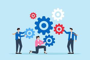 Flat illustration of businessman and colleagues help connect cogwheels symbolizing teamwork and collaboration. vector