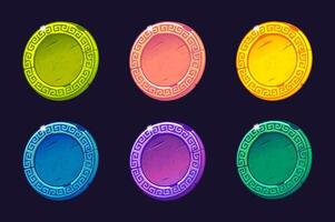 Set of colored coins with ornament. Blank coins template for your design. Blank medals. Round icons for 2D game or slots vector