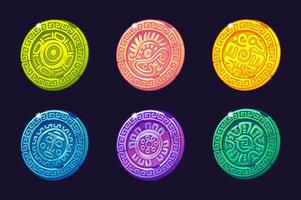 Set of colored coins with ornament and symbols of ancient Aztec Civilization, colored hieroglyphs of the Maya calendar for the development 2D Games and Casino or Slots. vector