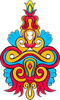 a colorful design with a blue and orange top.