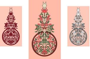 Three different colored decorative designs, featuring elegant leaf and flower patterns. vector