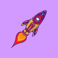 Rocket Spaceship In Flight Cartoon Illustrations. Science Technology Concept. Flat Outline Cartoon Style. vector