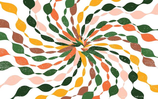 Colored bubbles on lines form swirling waves of an abstract modern banner.