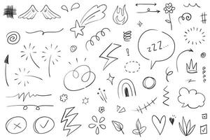 Doodle set of hand-drawn cartoony expression sign doodle, curve directional arrows, emoticon effects design elements, cartoon character emotion symbols, cute decorative brush stroke lines. vector