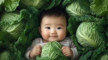 Newborn asian baby lying in fresh green cabbage. Cute funny child. Top view Happy childhood photo