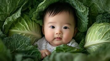 Newborn asian baby lying in fresh green cabbage. Cute funny child. Top view Happy childhood photo