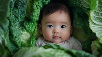 Newborn asian baby lying in fresh green cabbage. Cute funny child. Top view Happy childhood photo