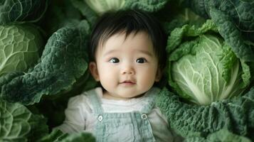 Newborn asian baby lying in fresh green cabbage. Cute funny child. Top view Happy childhood photo