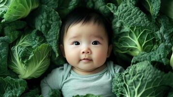 Newborn asian baby lying in fresh green cabbage. Cute funny child. Top view Happy childhood photo