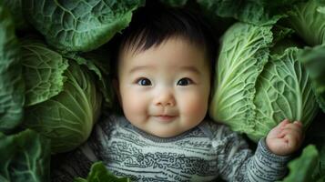 Newborn asian baby lying in fresh green cabbage. Cute funny child. Top view Happy childhood photo