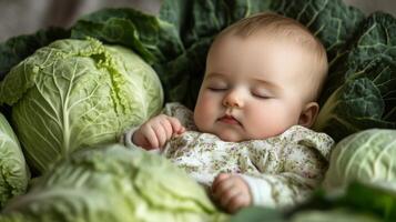 Newborn baby lying in fresh green cabbage. Cute funny child. Top view Happy childhood photo