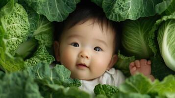 Newborn asian baby lying in fresh green cabbage. Cute funny child. Top view Happy childhood photo