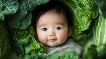 Newborn asian baby lying in fresh green cabbage. Cute funny child. Top view Happy childhood photo